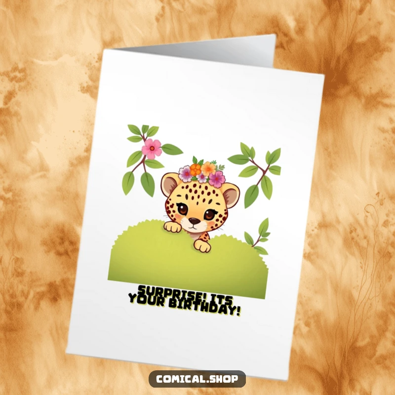 Funny Free Printable Birthday Card: Mischievous cheetah cub in floral crown peeking around bush, ready for playful surprise.