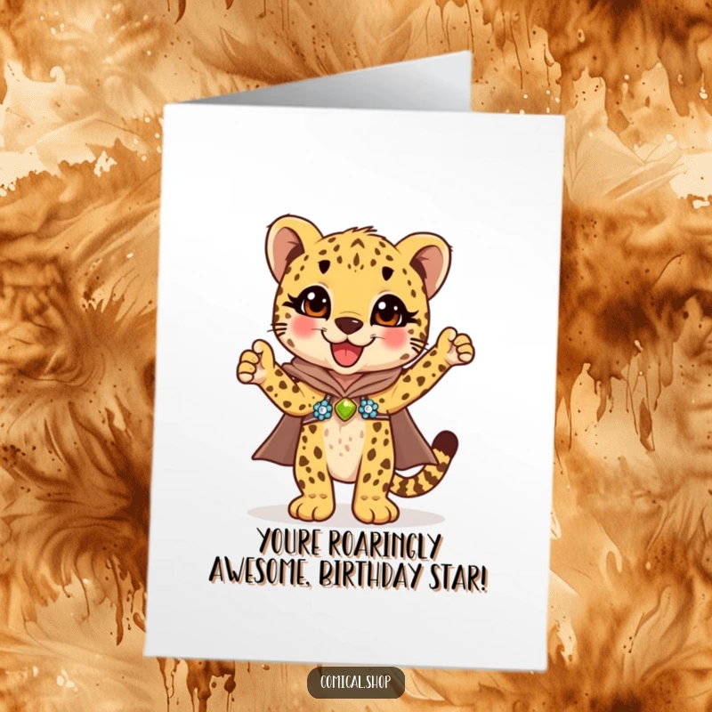 Funny Free Printable Birthday Card: Cheetah cub in sequined cape celebrating with a triumphant pose, ready for joy.