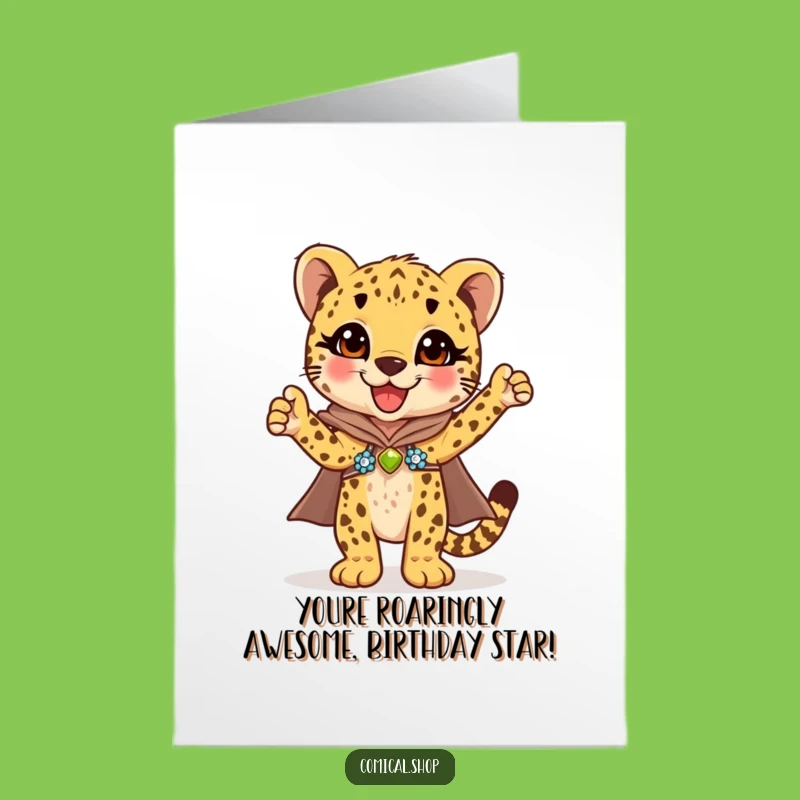 Free Printable Birthday Card: Triumphant Cheetah Cub Sequin Fun, Funny Downloadable Gift!