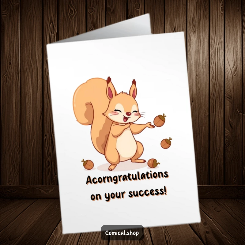 Funny Free Printable Congratulations Card: A squirrel masterfully juggles acorns, celebrating success with a unique, humorous, DIY downloadable greeting.