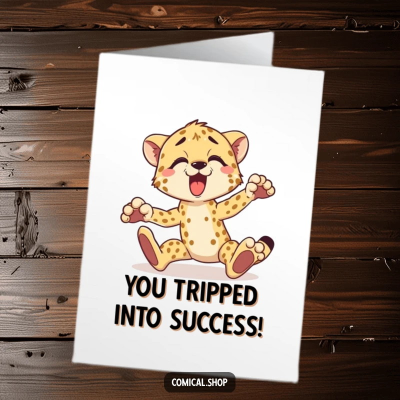 Funny Free Printable Congratulations Card featuring a cheetah tripping with a surprised yelp, celebrating their win.