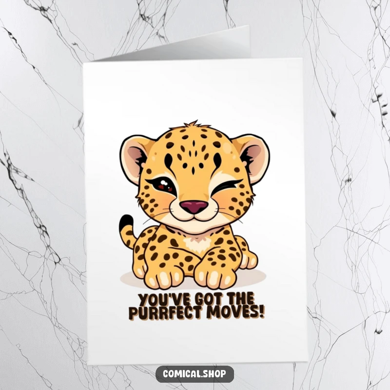 Funny Free Printable Congratulations Card: A cheetah cub gives a playful wink, stretching languidly to celebrate success.