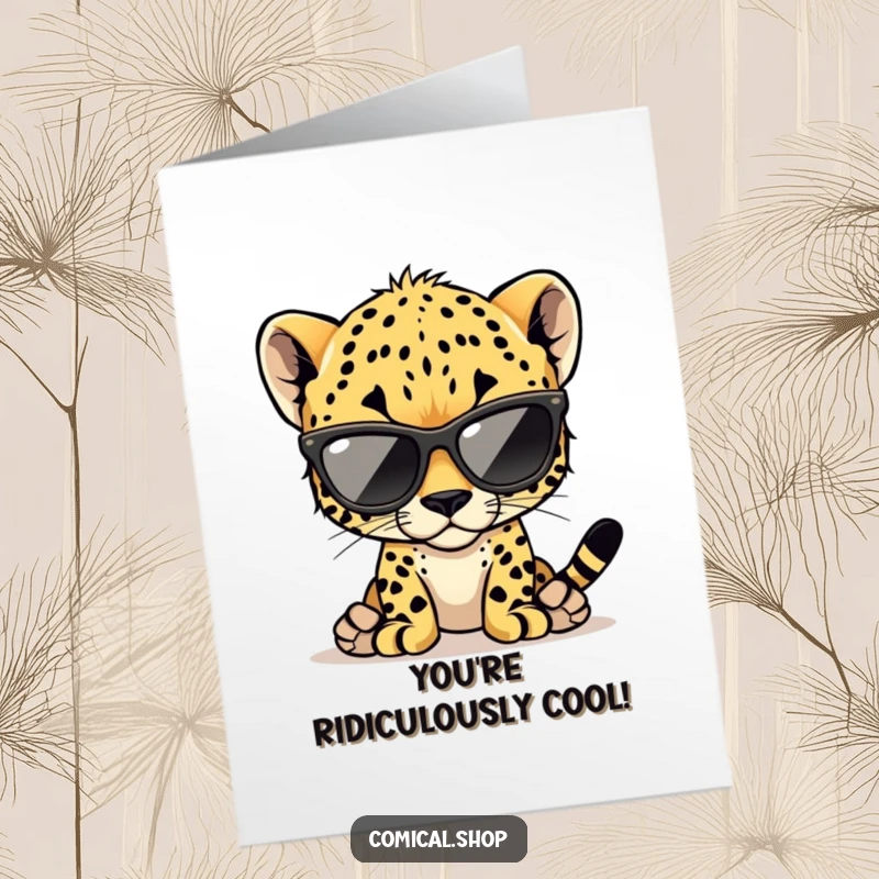 Funny Free Printable Congratulations Card with a cheetah cub wearing shades, striking a confident pose.