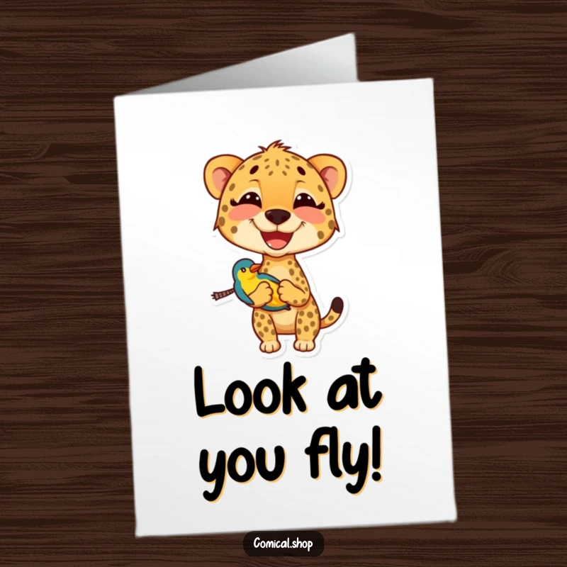Funny Free Printable Congratulations Card with a cheetah's wide smile and a tiny bird, celebrating success with a roar.
