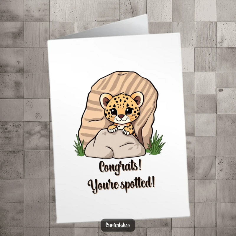 Funny Free Printable Congratulations Card: A cheeky cheetah cub peeking from a striped rock, sending congrats with a playful spirit.