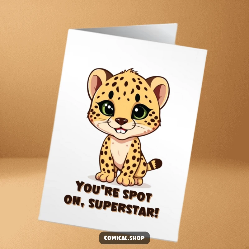 Funny Free Printable Congratulations Card: A sleek cheetah cub strikes a stylish pose, grinning confidently.