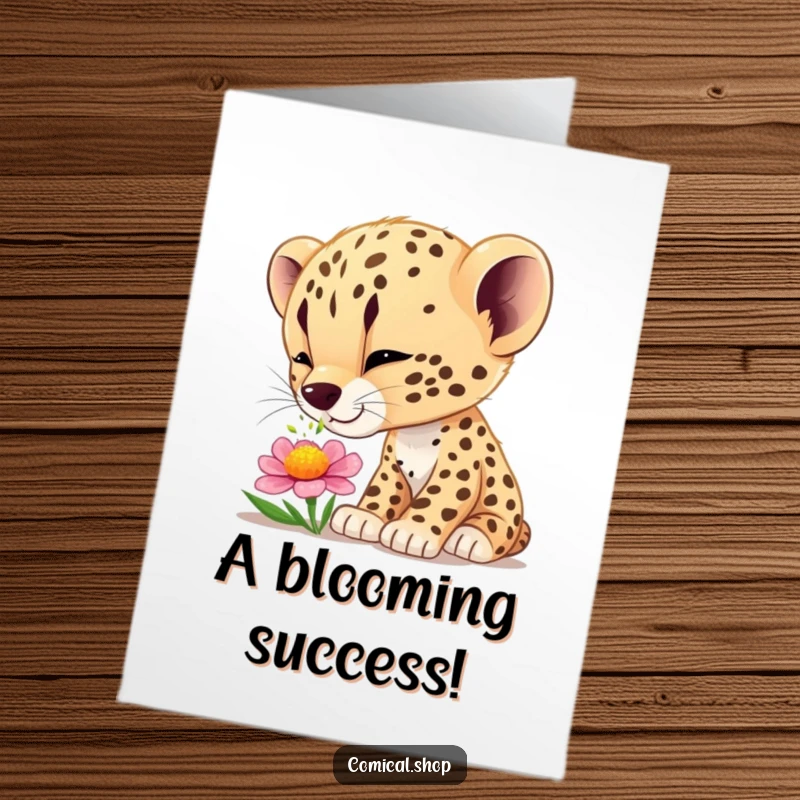 Funny Free Printable Congratulations Card: A curious cheetah cub deeply engrossed in sniffing a colorful flower, showing pure wonder.