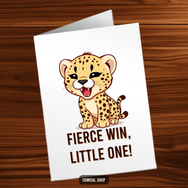 Funny Free Printable Congratulations Card: A fierce cheetah cub with a tiny, determined face, practicing its powerful roar of triumph.