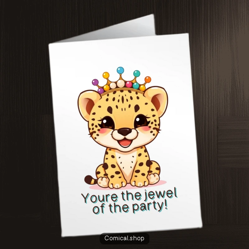 Funny Free Printable Congrats Card: Giggling cheetah cub wearing a colorful beaded crown, celebrating wins.