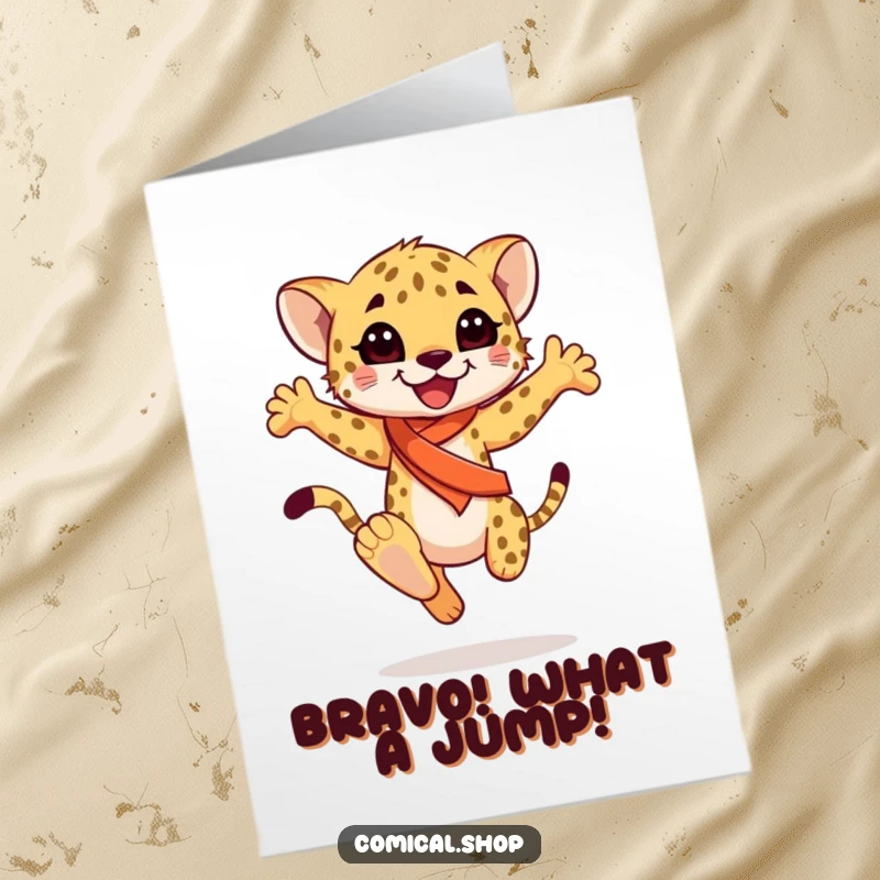 Funny Free Printable Congrats Card: Cheetah cub in a sash leaps gracefully, celebrating a grand accomplishment.