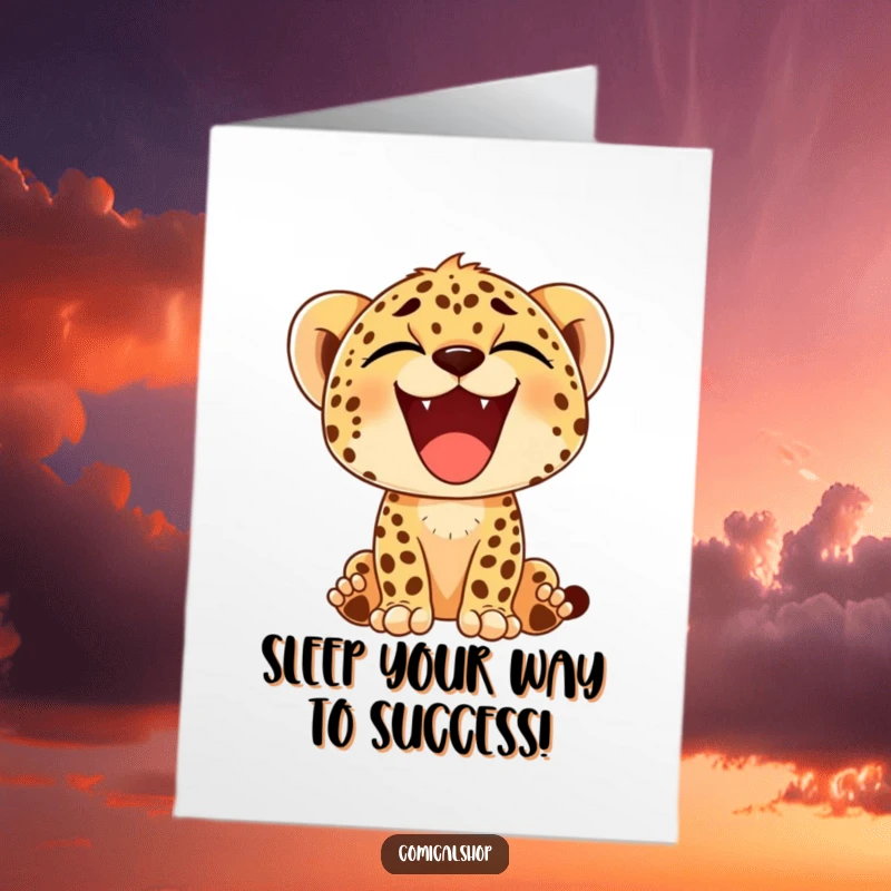 Funny Free Printable congratulations card: A cheetah cub offers a wide, happy yawn, signifying relaxed joy and easy celebration.