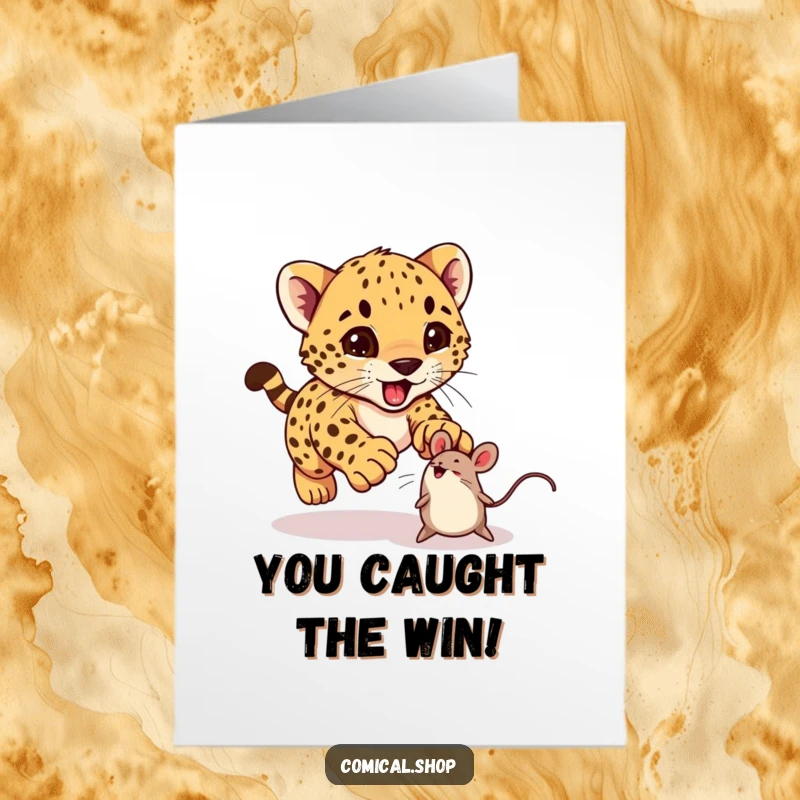 Funny Free Printable Congratulations Card: An adorable cheetah cub excitedly pouncing on a toy mouse after a successful feat.