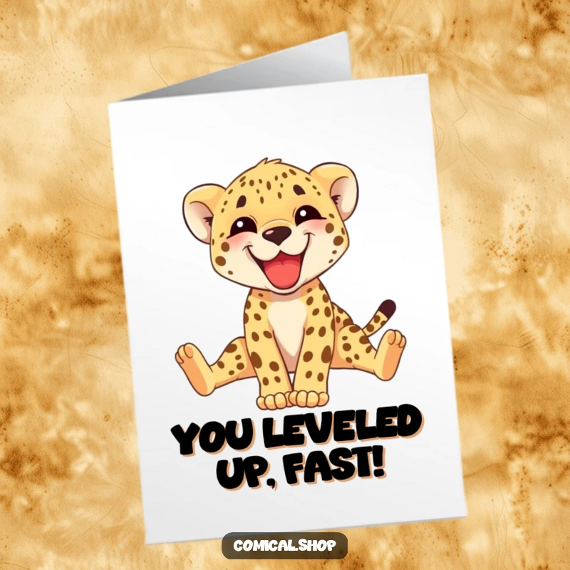 Funny Free Printable Congratulations Card showing a happy cheetah cub adorably stretching its long legs in celebration.