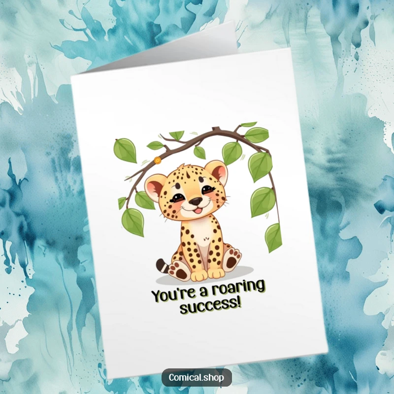 Funny Free Printable Congratulations Card: A cheetah cub happily batting at a dangling vine, celebrating a win with joy.