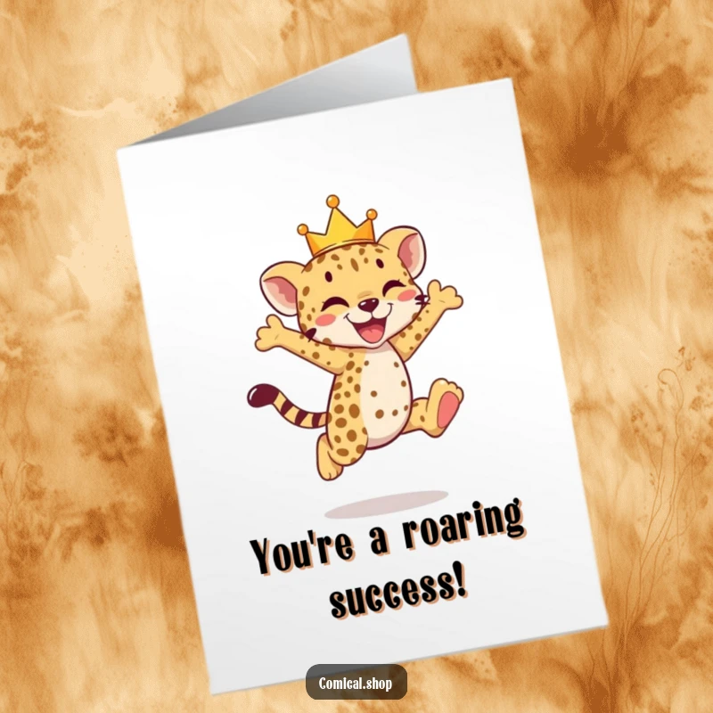 Funny Free Printable Congrats Card: A crowned cheetah cub leaps with pure joy, celebrating an achievement.