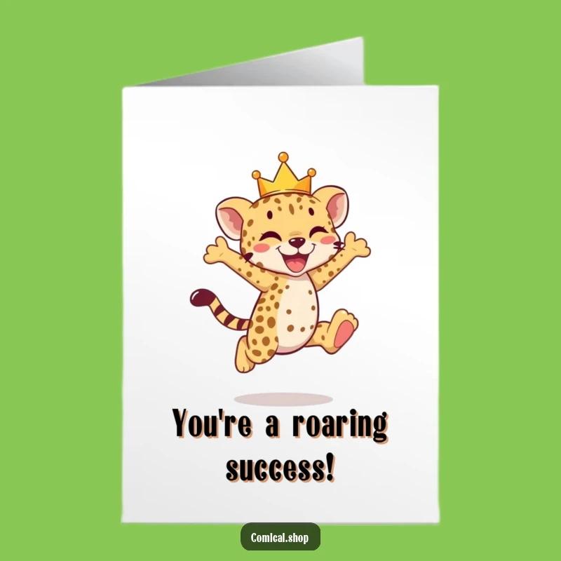 Free Printable Congrats Cheetah Card: Crowned Cub Leap Downloadable