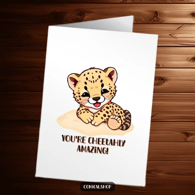 Funny Free Printable Cheetah Cub Congratulations Card, Cub Rolling Joyfully, Animal Achievement