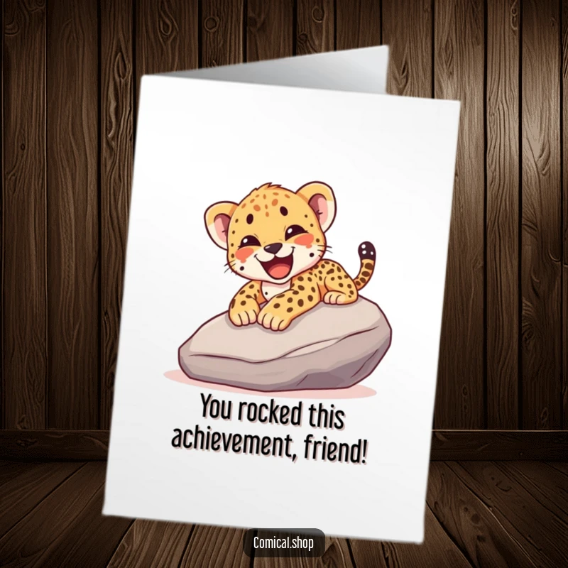 Funny Free Printable Congratulations Card: Cheetah cub's happy yelp as it slides down a rock, celebrating a well-deserved win.