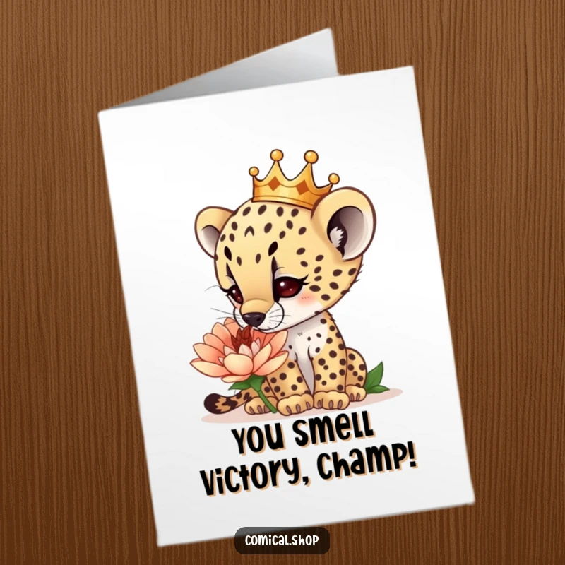 Funny Free Printable Congrats Card: Cheetah cub with a crown curiously sniffs a giant flower, celebrating achievements.