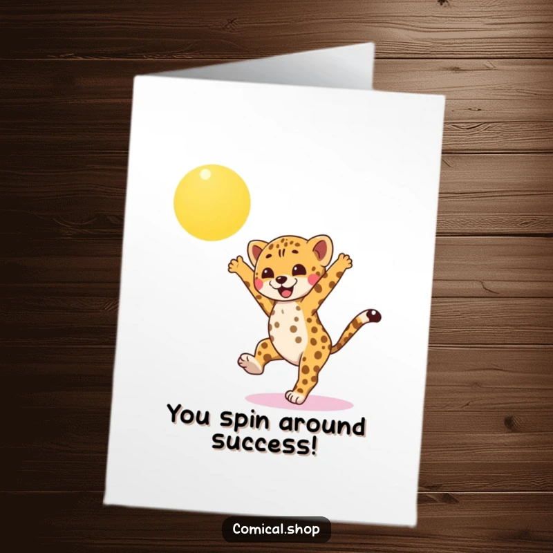 Funny Free Printable Congratulations Card: Cheetah cub doing a celebratory cartwheel under a bright, sunny sky.