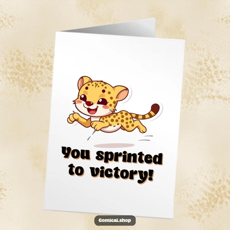 Funny Free Printable Congratulations Card: A smiling cheetah captured sprinting with incredible speed and fluid, effortless grace.