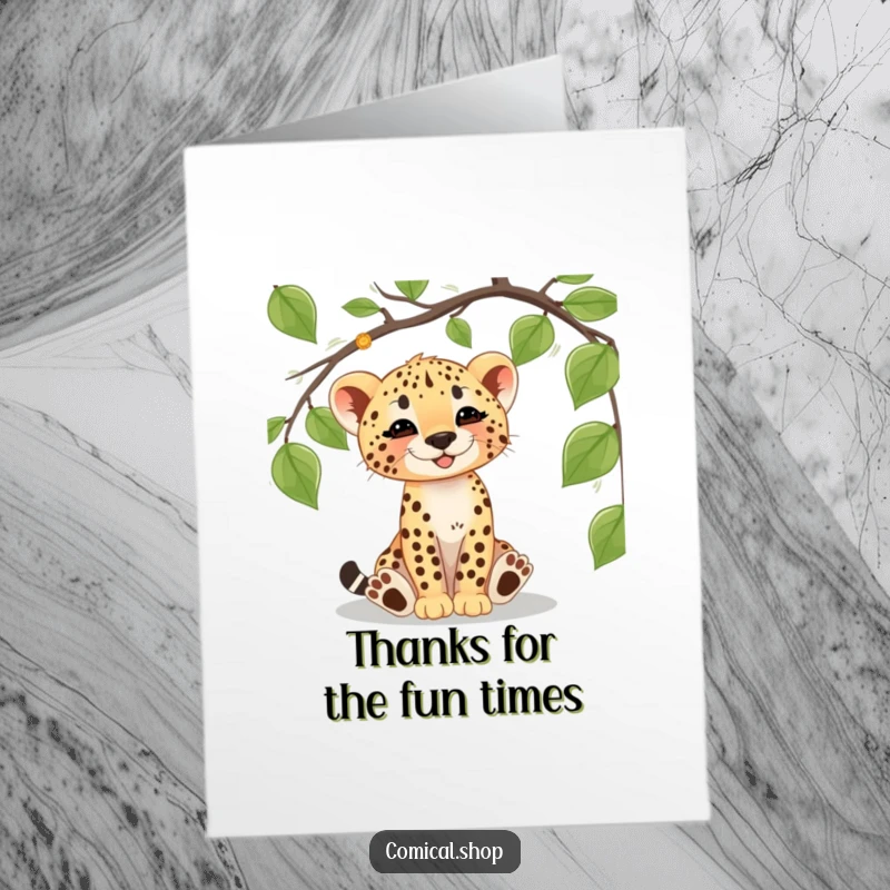 Funny Free Printable Thank You Card: A cheetah cub joyfully batting at a dangling vine, sending thanks.