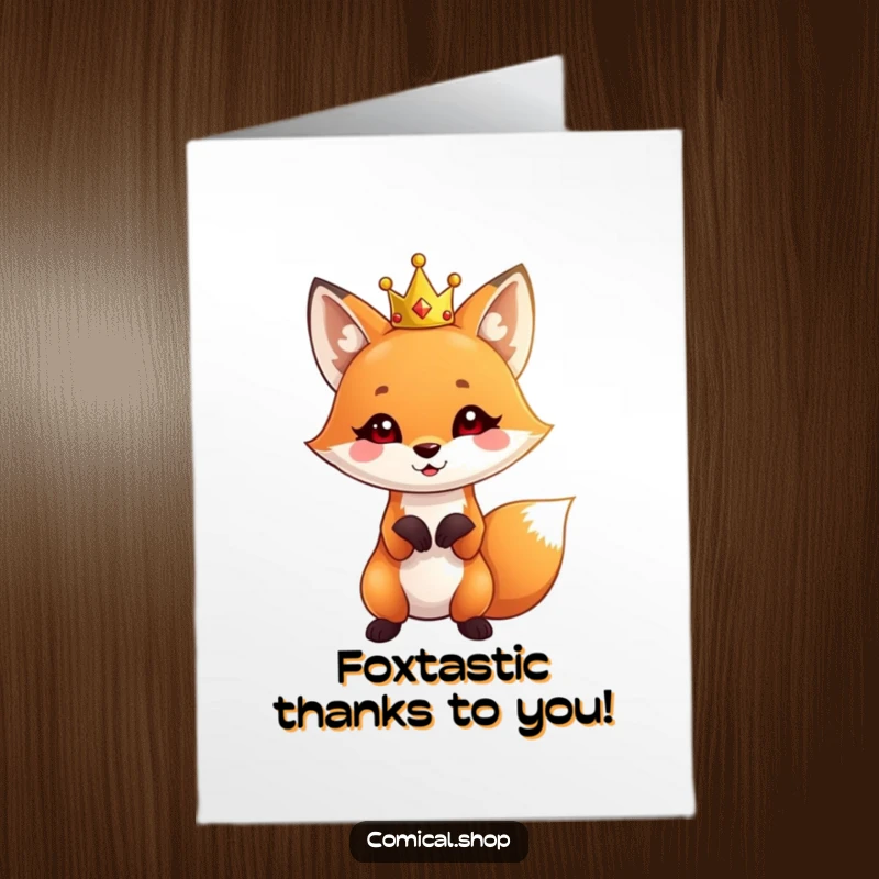 Funny Free Printable Thank You Card: Cute fox in a tiny crown striking a playful pose, expressing gratitude elegantly.