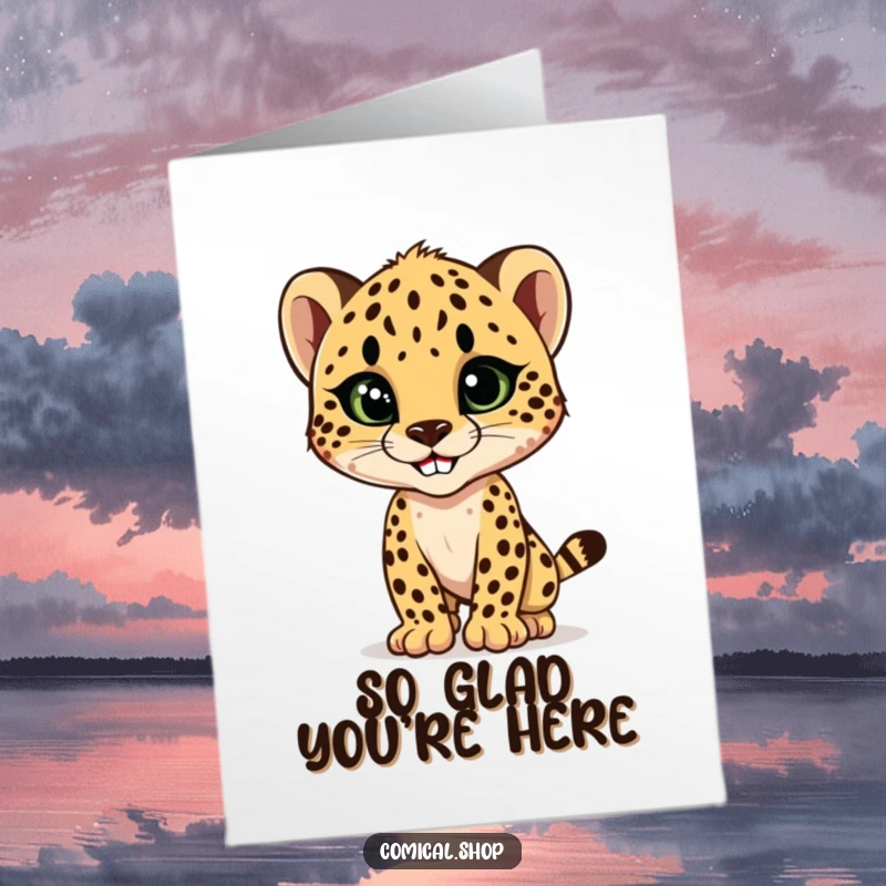 Funny Free Printable Thank You Card: A cheetah cub strikes a sleek pose, grinning to show gratitude.
