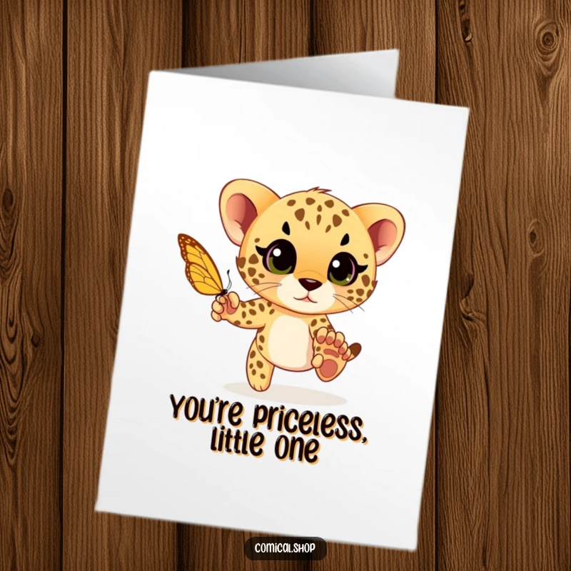 Funny Free Printable Thank You Card: A cheetah cub with wide eyes playfully chases a butterfly, sending thanks.