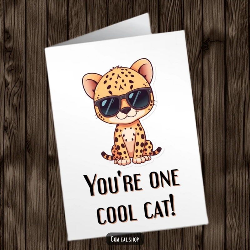 Funny Free Printable Thank You Card: A kawaii cheetah with sunglasses striking a confident pose, expressing cool gratitude.