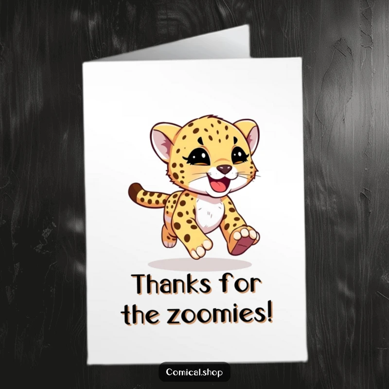 Funny Free Printable Thank You Card: A joyful cheetah cub dashes with motion streaks, a fast and fun way to say thank you.