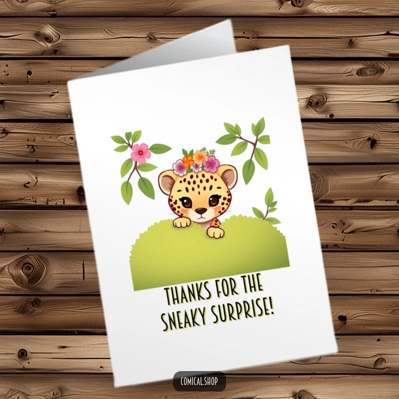Funny Free Printable Thank You Card: Mischievous cheetah cub in a floral crown peeking playfully, offering thanks.