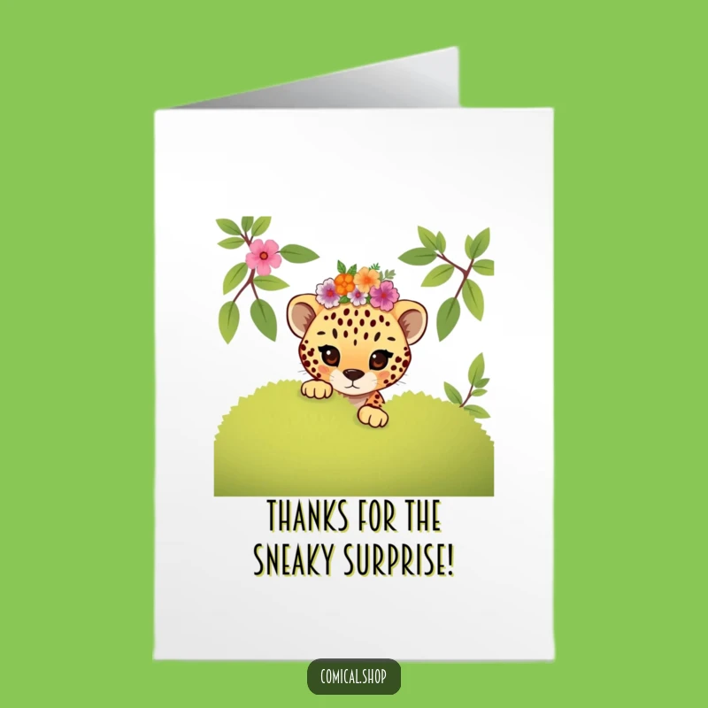 Free Printable Thank You Card: Mischievous Cheetah Cub Floral Surprise, Funny Gift!
