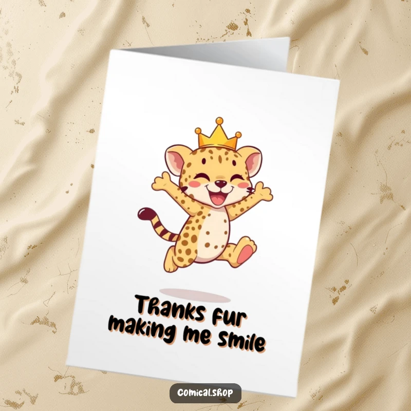 Funny Free Printable Thank You Card: A cheetah cub wearing a crown performs a joyful leap of thanks.