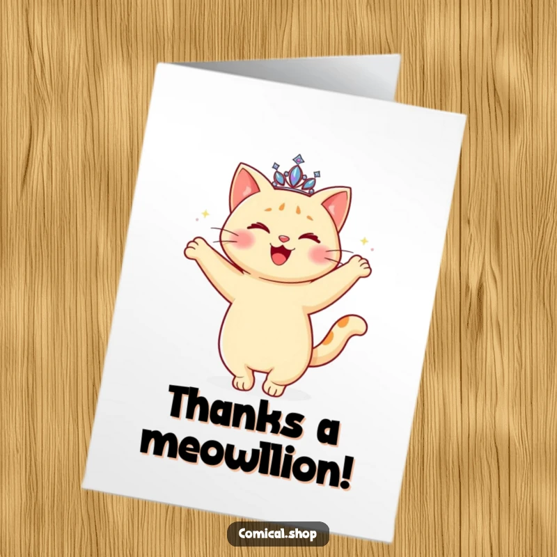 Funny Free Printable Thank You Card: Happy cat with a sparkling tiara doing a graceful twirl, expressing thanks.