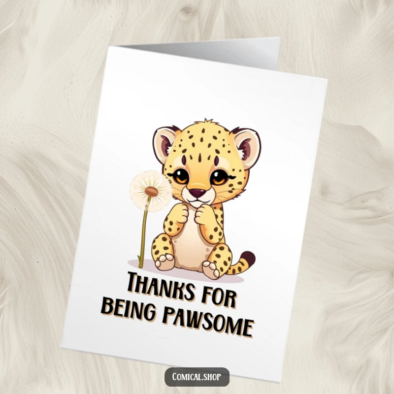 Funny free printable thank you card showing a playful cheetah cub batting at a fluffy dandelion, a sweet gesture of gratitude.
