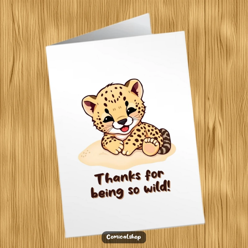 Funny Free Printable Cheetah Cub Thank You Card, Cub Rolling in Sand, Cute Animal Thanks