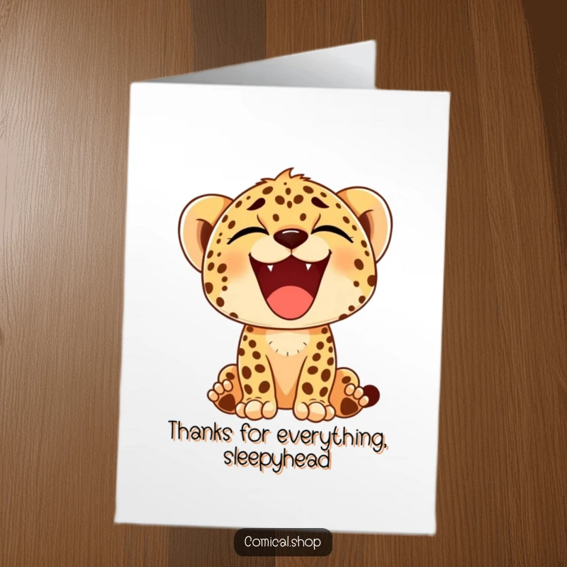 Funny Free Printable thank you card: A cheetah cub displays a wide, contented yawn, conveying peaceful thanks.