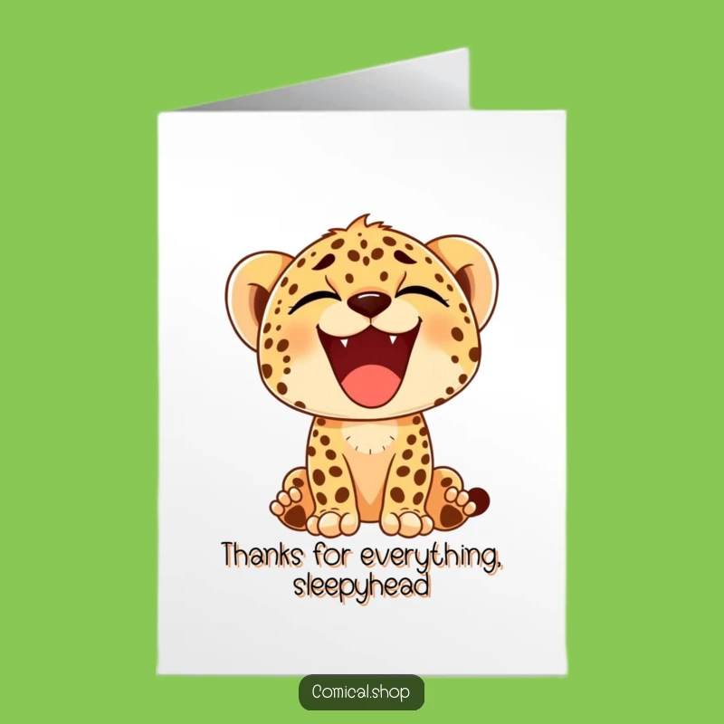 Free Printable Thank You Card: Happy Cheetah Cub Yawn - Downloadable Relaxed Gratitude