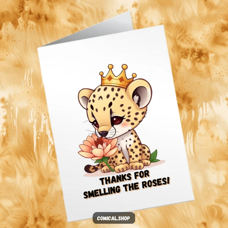 Funny Free Printable Thank You Card: Curious crowned cheetah cub sniffs a giant flower, a sweet thank you.