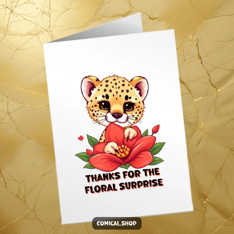 Funny Free Printable Thank You Card: Cheetah cub curiously peeking from behind a bright red flower, a sweet gesture of thanks.