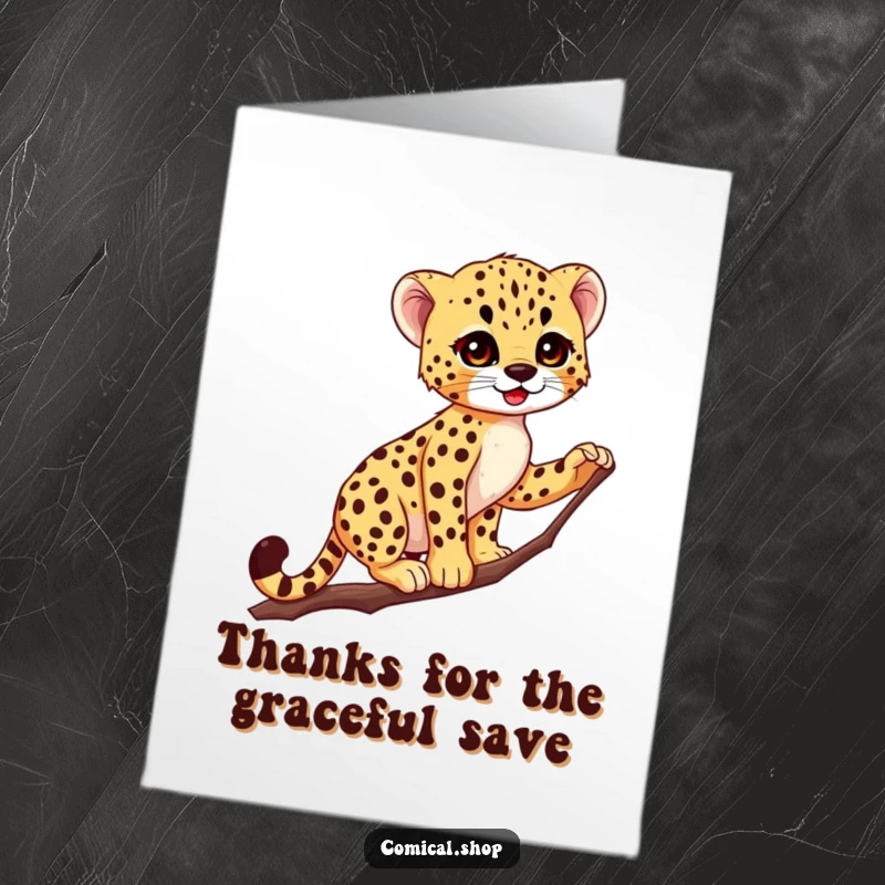 Funny Free Printable Thank You Card: A cheetah cub displays incredible balance on a slender branch as a thank you gesture.