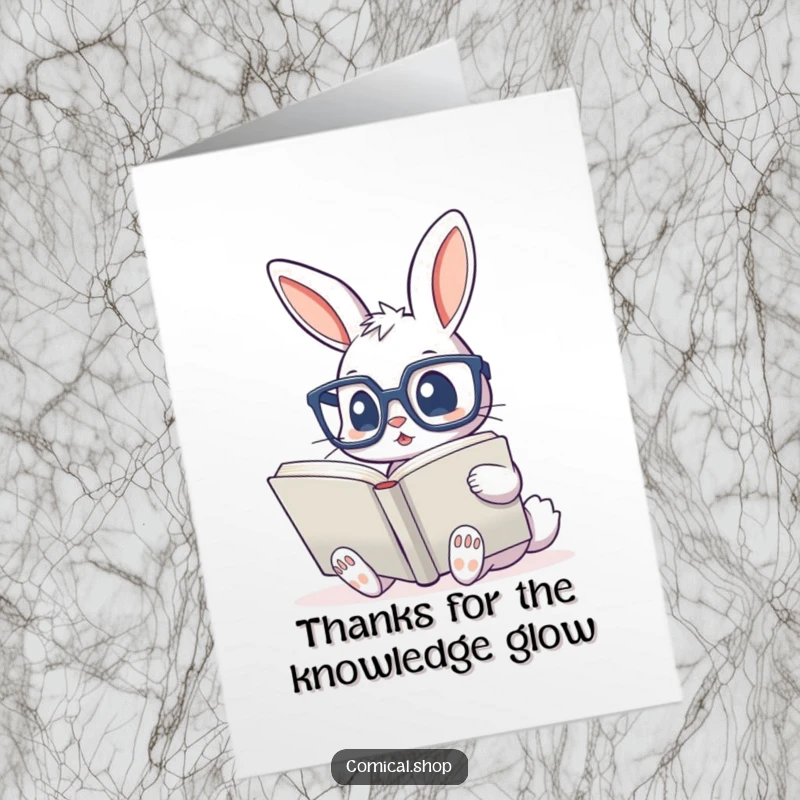 Funny Free Printable Thank You Card: Cute bunny with big glasses reading, offering thanks with a touch of studious humor.