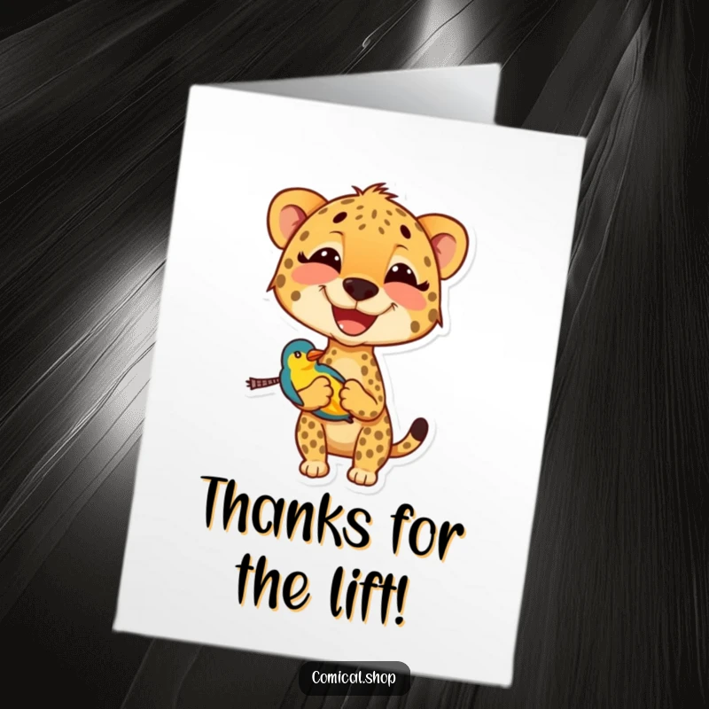 Funny Free Printable Thank You Card: A cheetah beaming with joy carries a little bird, expressing heartfelt thanks.