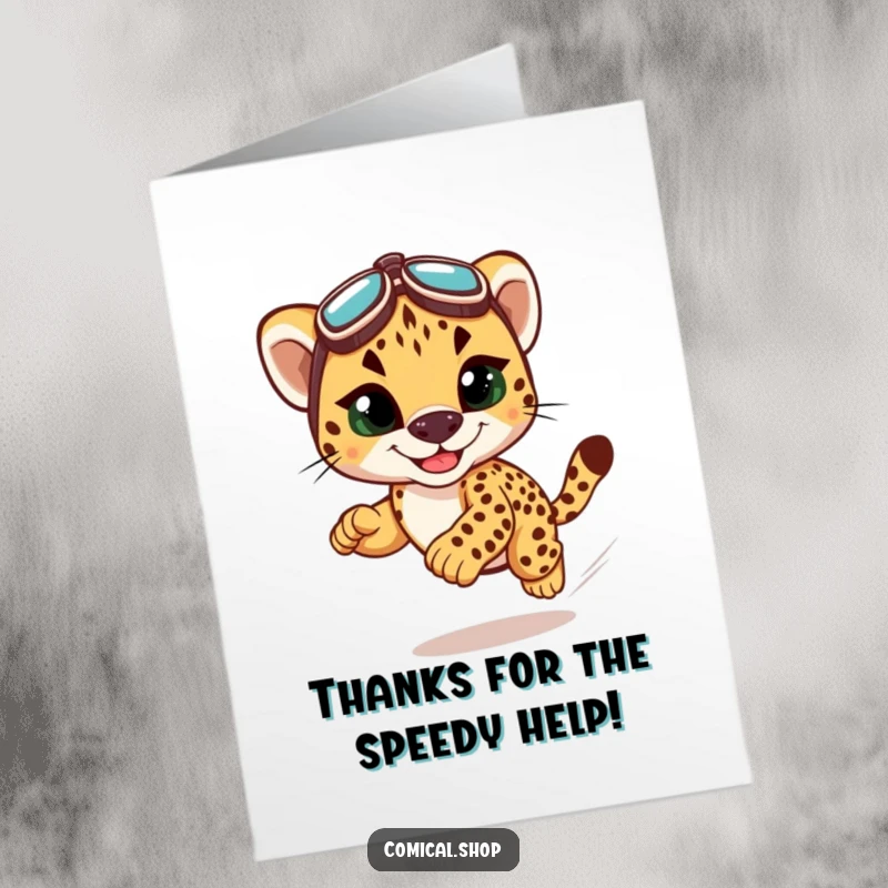 Funny Free Printable Thank You Card: A cute cheetah cub wearing racing goggles, speeding with a grin to deliver thanks quickly.