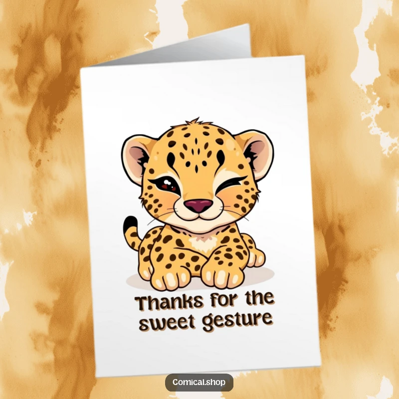 Funny Free Printable Thank You Card: A cheetah cub gives a playful wink while stretching languidly, sending thanks.