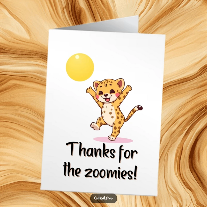 Funny Free Printable Thank You Card: Cheetah cub performing a cartwheel, showing energetic appreciation under the sun.