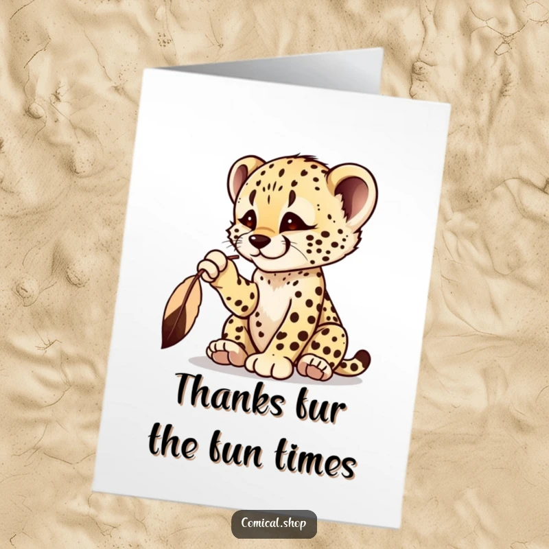Funny Free Printable Thank You Card: A cheetah cub plays with a dangling feather, batting it in thanks.