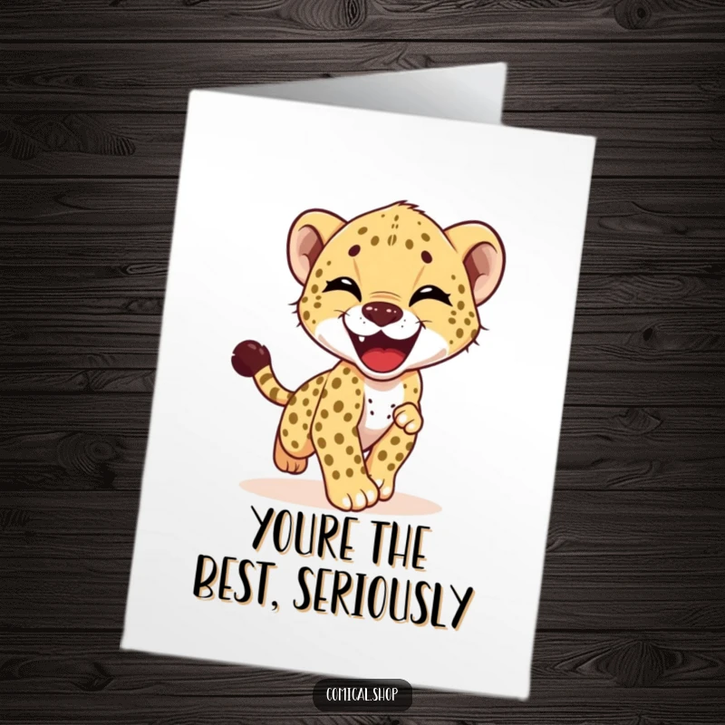 Funny Free Printable thank you card: A giggling cheetah cub playfully chases its tail, symbolizing energetic appreciation.