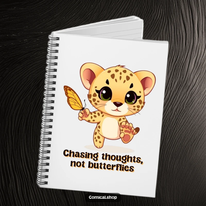 Funny cheetah cub playfully chasing a butterfly with wide eyes, a humorous and practical notebook for capturing playful thoughts.